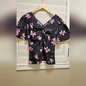 Club Monaco Ruched  Blouse Shirt Floral Black V neck Fuchsia Zipper size S